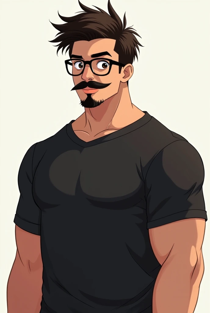 Create an anime-style character with dark brown, slightly spiky hair combed to the side, wearing black-framed glasses, a mustache, and a goatee; he has a tanned but not dark skin tone, a robust 100 kg body with broad shoulders, and wears a simple black t-s...