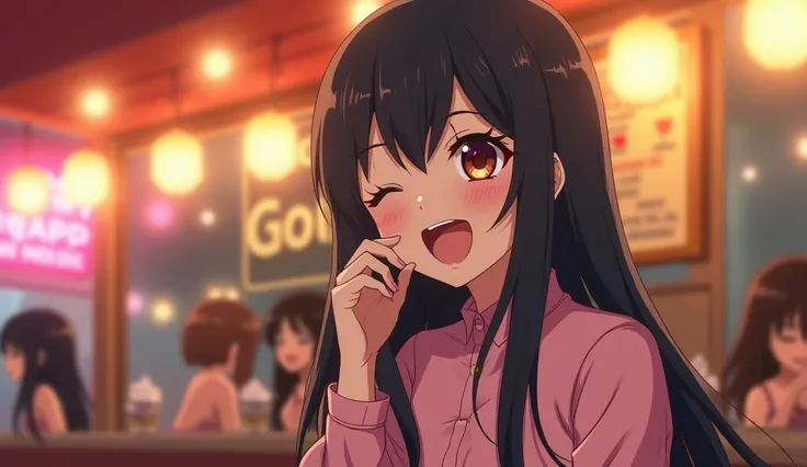 "An anime-style image of a 20-year-old girlfriend with long black hair, wearing a pink frock. She is laughing playfully with her eyes sparkling in amusement and her mouth open in a wide, teasing smile. Her hand is near her mouth as she giggles,. Her postur...