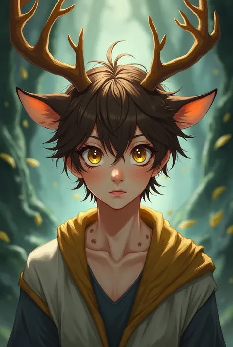 Anime man with antlers and light brown spots with short brown hair and yellow eyes