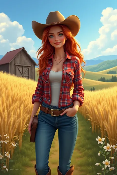 A picture of a beautiful cow girl on a farm 