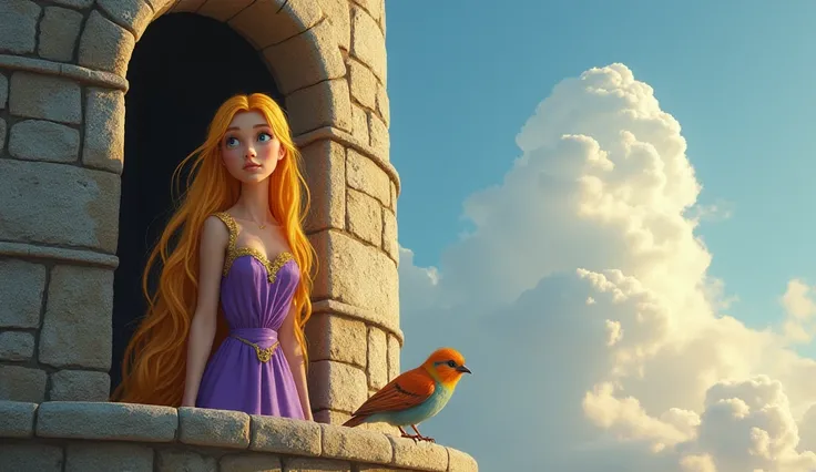  A young woman with incredibly long golden hair is standing in the window of a tall stone tower without doors.  She wears a purple dress with gold details and looks at the sky with a dreamy expression . A small bird of bright colors is next to her , Singin...