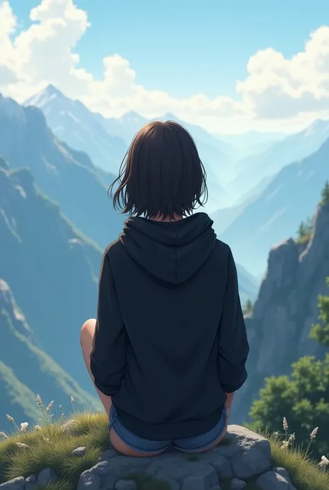 a beautiful girl in a black sweater with a hood and shorts is standing with her back to the camera and sitting on a mountain and looking into the distance and you can't see her face