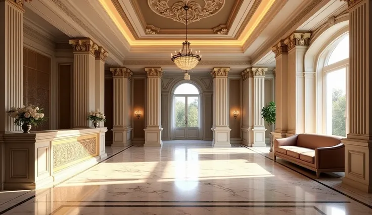  Imagine a luxurious reception space that embodies the timeless elegance and delicate proportions of classical architecture.  Incorporating classic elements such as columns , Marble flooring,  and intricate decorations to create a sense of grandeur and sym...