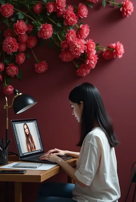 Retoucher girl sits at her laptop and processes photos, the background is a burgundy wall with peonies, в девушки тёмные волосы и украинская внешность 