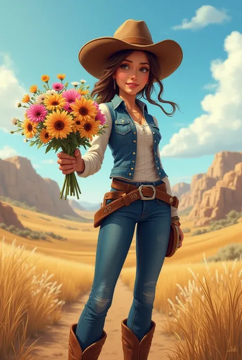 Cowgirl giving flowers