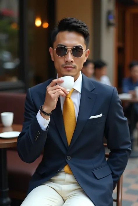 Cool Asian man with short hair, modern, wearing round sunglasses, dark blue suit over a white collared shirt, a gold yellow polka dot tie, white pants and matching shoes, Soft tailored suit style, sipping coffee at Taipa Houses in Macau, Shady afternoon at...