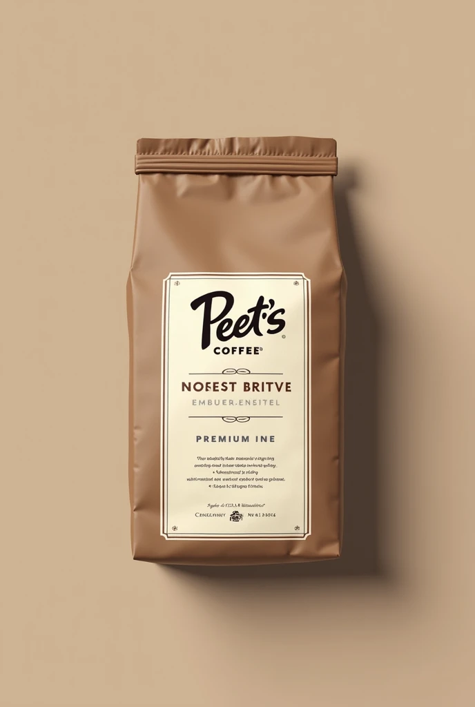 Elegant and premium coffee packaging design for Peet’s Coffee, featuring a warm and inviting color palette. Use medium-light tones such as mocha, taupe, or soft caramel, maintaining a sophisticated and timeless look. Keep the design minimal yet refined, in...