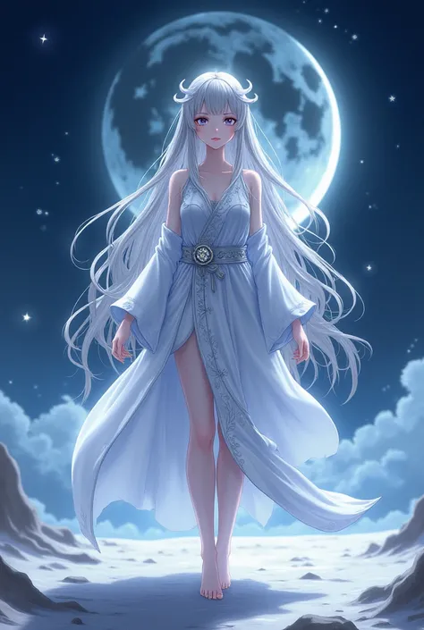 "4K anime style quality, digital drawing mode, Moon-themed female character, long flowing silver hair glowing with a soft lunar light, glowing pale blue eyes, wearing a silver and white robe with crescent moon patterns, surrounded by a faint glowing aura o...