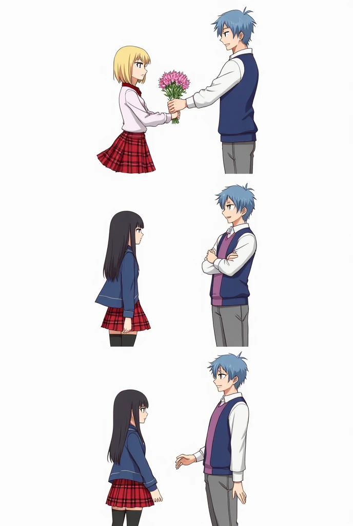 A four-panel manga-type image where a short-haired blonde anime girl in a school uniform with a white long-sleeved shirt, a blue vest, and a red plaid skirt gives flowers to a boy in a white shirt uniform with a purple sweatshirt under his blue school jack...