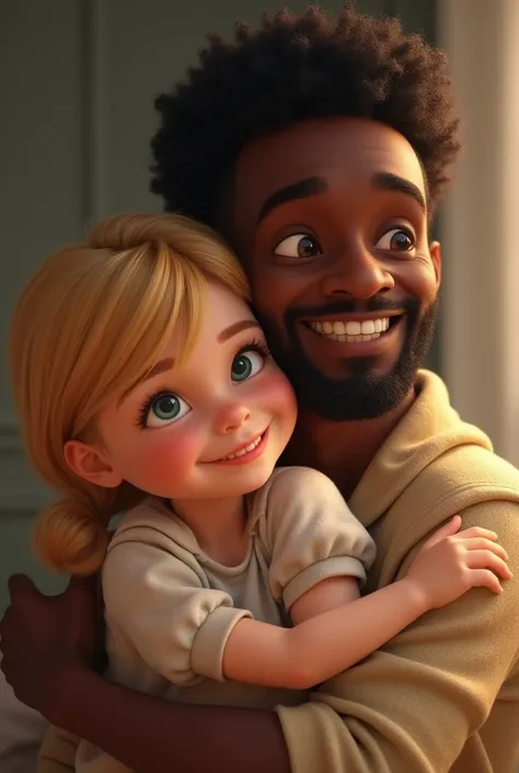 Create a dark-skinned dad and a white-skinned, yellow-haired girl hugged by dad