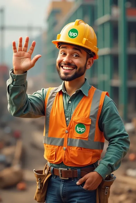  A happy builder saying ok with one hand  , That he has a helmet ,  that the helmet has a green IPP logo and that it has a vest , The vest has the green IPP logo   