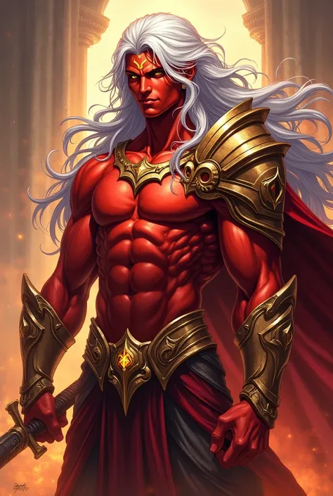 Name: Xerxes,  The Son of War and Destiny

Appearance
Bright red skin : tanned, inherited from the Hórux lineage ,  resistant as if sculpted by the war fire itself .
hair:  silver with golden reflections ,  long and wild like a stormy sea ,  a fusion of th...