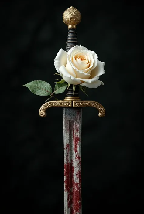 White rose superimposed on a rusty sword, With dried blood on the blade. Characteristic sword of France in the 1799 period. In the French Revolution. completely dark background.