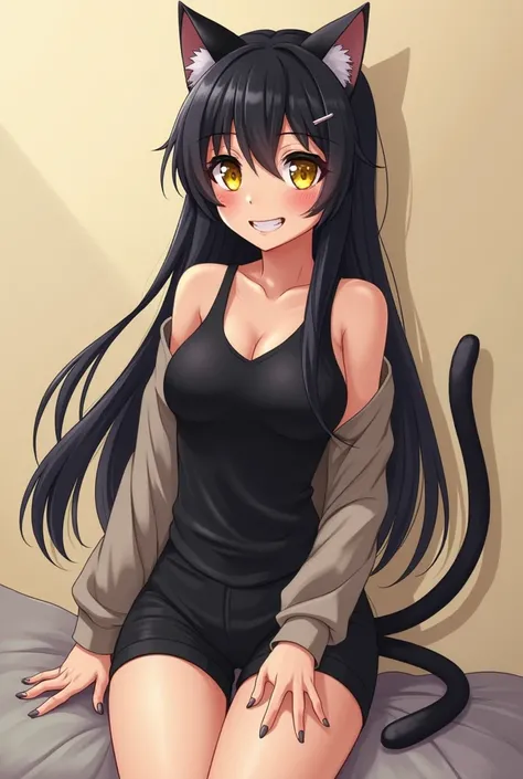 
anime style, cat girl (Someone), high (180 cm ), slender, but fit body ,  narrow waist,  Long legs,  big breasts,  long black hair,  yellow cat eyes , black cat ears,  long black tail , Clawed fingers.  Light skin with a slight golden tint .  Clothing:  s...