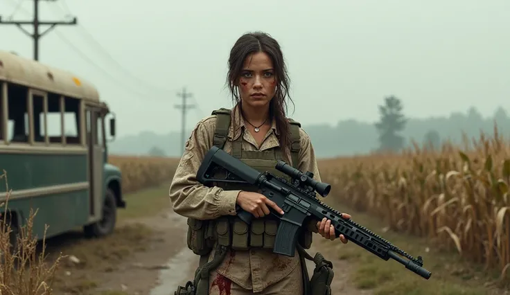  An injured female soldier holding a sniper in her hands between a small farm, an abandoned bus near ,  a cornfield and the wreckage of a bridge in the distance  