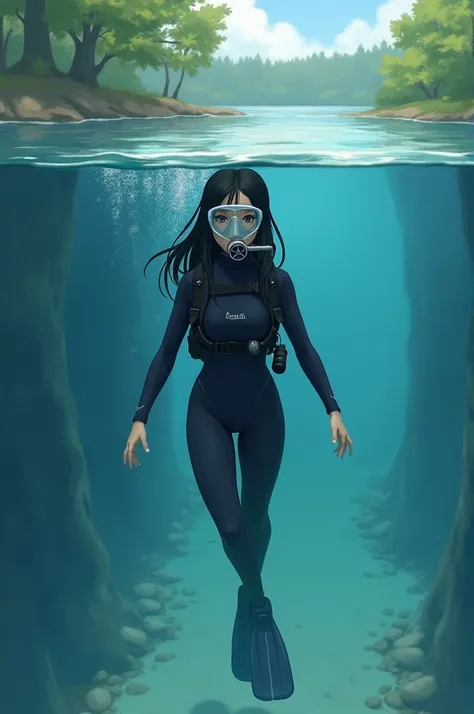 Girl with black scuba diving in a lake while having breather in her mouth and googles on her 