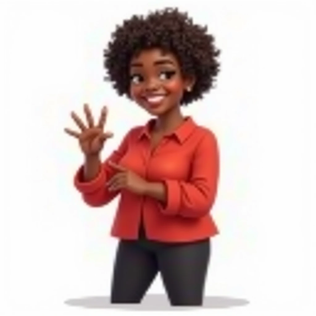 Create a full body cartoon character of an elderly black woman with African curly hair, no hat. She wears a red blouse and black pants. She has a warm, expressive and accepting facial expression. His posture is open and friendly, conveying approachability....