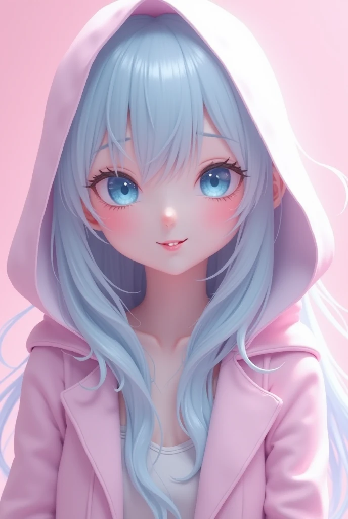 Female anime albino skin long smooth white hair light blue eyes smile with a fang pink coat with cape above her head pink background