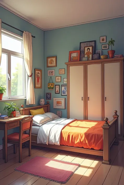 I want a half-large room where when you enter the front there is a desk, On the right side a large closet, Farther the bed and behind the bed BTS posters,  and that there is a large space in the middle, a window next to the desk and a nightstand to leave t...