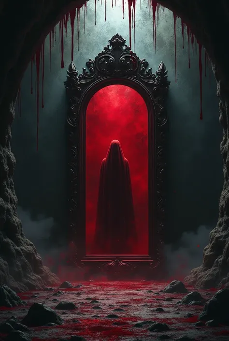 horror art.  serroteo. A large underground chamber . dark. Drops of blood drip from stalactites.  In the center of the chamber is a large mirror made of blood and black glass. Horror. terror. ghost. Bloody Mary.  Realistic dark fantasy .