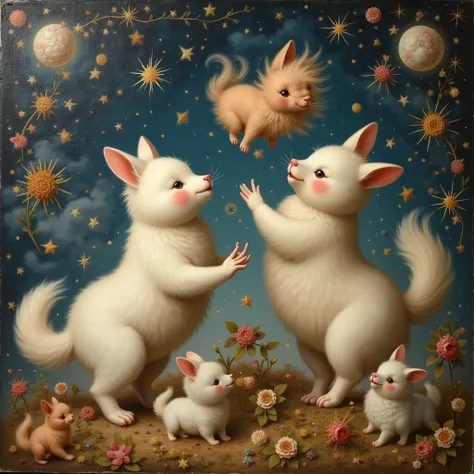 cosmic kind beautiful funny fluffy animals in the style of 17th century paintings play