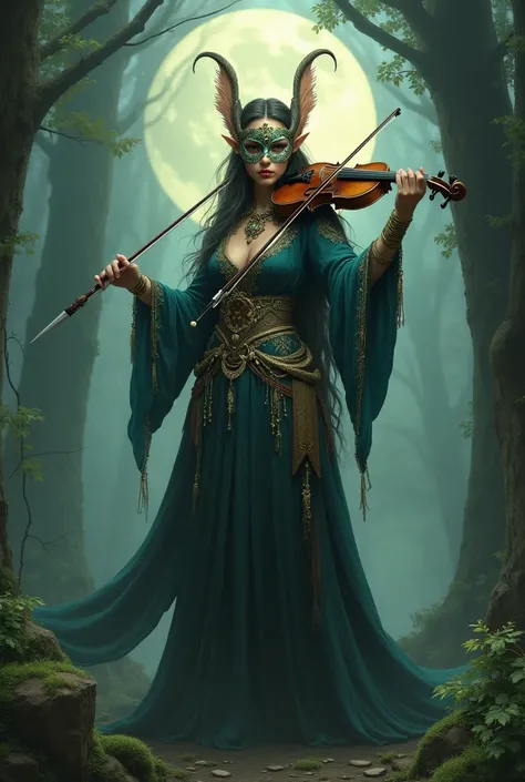 Elven bard with a mask and rapier and a violin