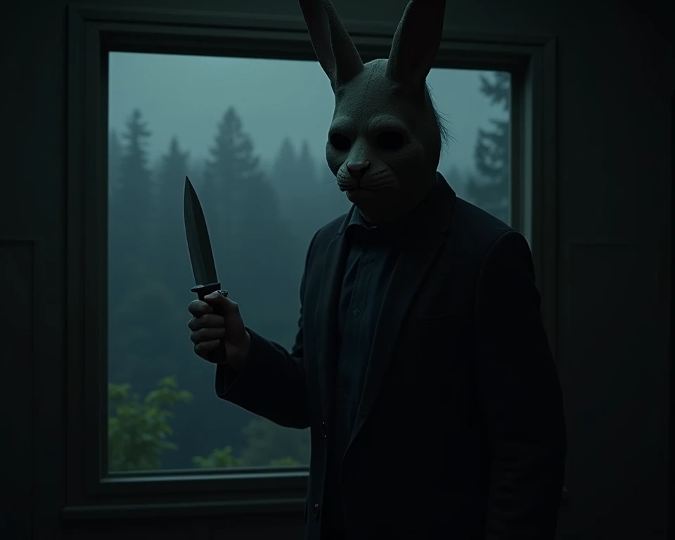 Make an image of a serial killer wearing a rabbit mask holding a knife looking out a window 