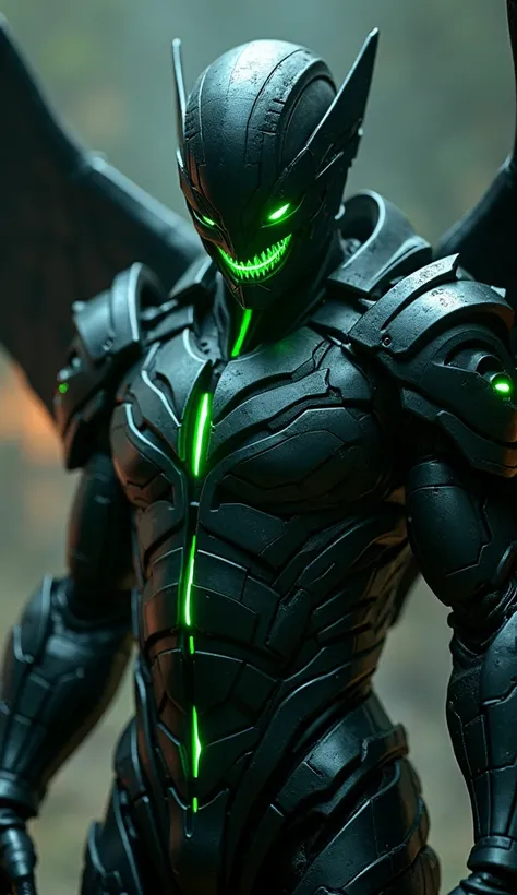 A menacing man in a fully black futuristic armor with glowing green lights. Sinister metallic wings extend from his back, accompanied by four additional turbines, two on each side. His helmet features a visor with glowing green eyes and a sinister green sm...