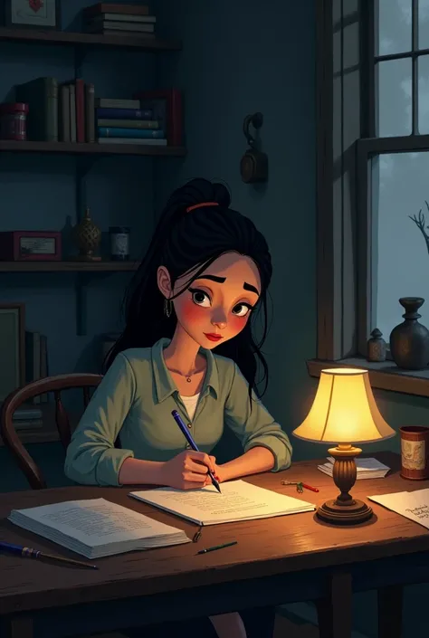 create an image of a young woman writing in a dark room, 2d Gravity Falls style