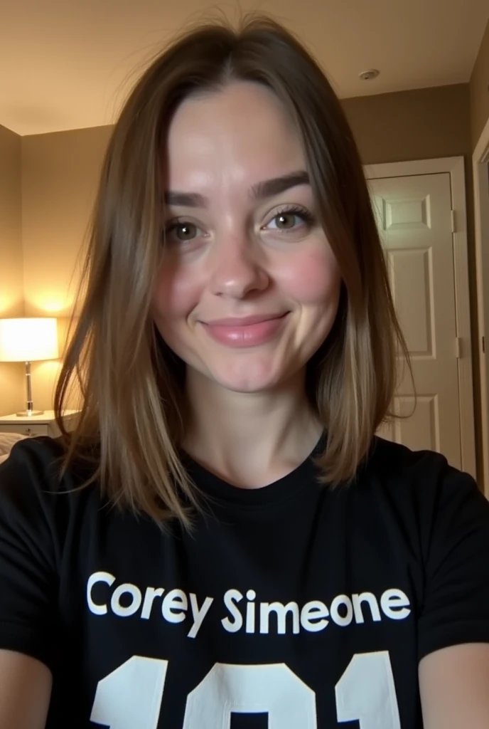 A high-quality photograph features a young woman with fair skin and straight, shoulder-length brown hair, wearing a black T-shirt with "Corey Simeone 101" printed in white. She has a subtle smile and is taking a selfie in a dimly lit bedroom with beige wal...