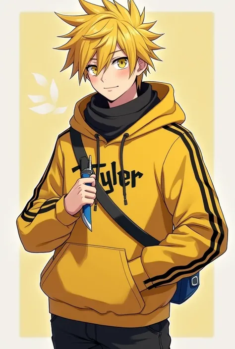 A beautiful anime tall guy who has yellow hair with slightly black stripes yellow hoodie with the name 'Tyler' and yellow touser with the name 'SVGES' And holding a stylish and beautiful knife and stotic with beautiful yellow eyes and scarf on his next and...