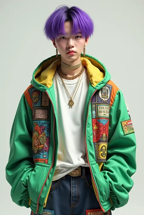 Korean male teenager wearing a Jesus vest with green calsa green jacket and white purple-haired shirt