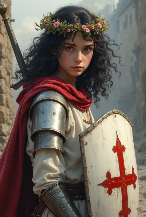 Get a dark-haired boy , strong, high, 20 years old, with long curly black hair with light brown eyes, with a crown of thorns with flowers on her head, dressed in a white tunic with a Templar cross on her chest, and with light armor, together with his sword...