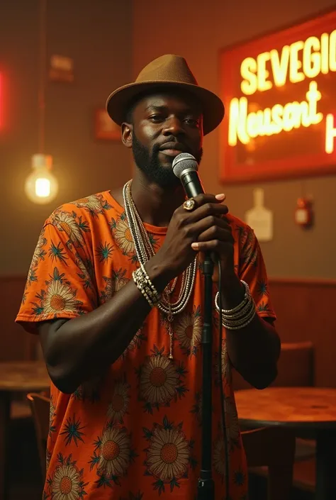 A cinematic collage with a Nigerian musician dressed in traditional Igbo isi agwu attire performing with microphone in is front in a beer parlor setting

In the beer parlor depict two group of friends . One group on a ground table is bubbling with beer dri...