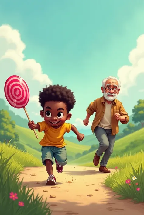 Picture of a little black man running from an old man and licking a big lollipop at him