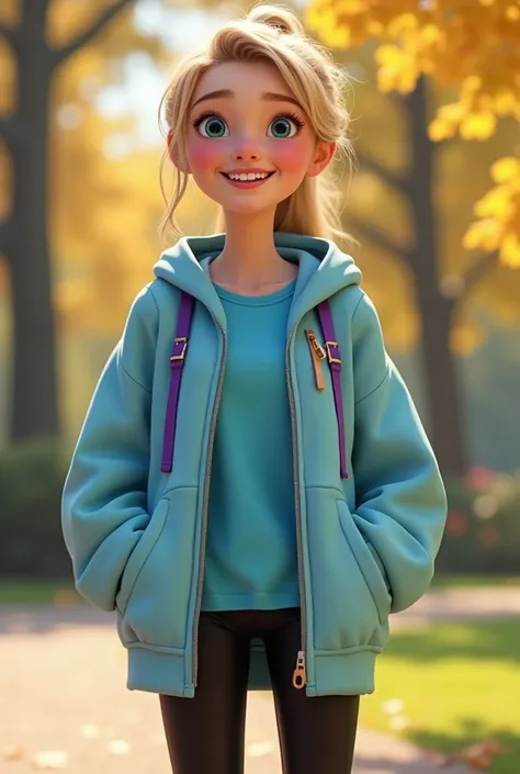 In the Disney Pixar style, it shows a tall and thin ager, with blonde hair tied in a ponytail and blue eyes, with purple braces, dressed in an azure sweatshirt with an open zipper and hood, with an azure t-shirt, black leggings and white sneakers, she is i...