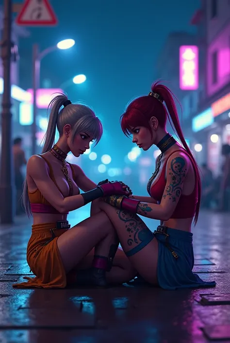  Create two game-style characters sitting on the street.  They seem to be in a fighting position ,  with one of them holding the other .  Both are wearing fighting clothes ,  with vibrant colors and patterns . The scenery is dark,  with blue and purple lig...