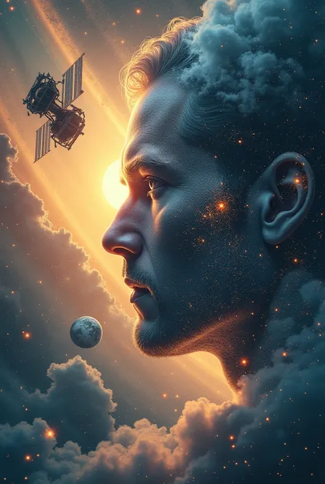 A surreal, cinematic digital painting with a double exposure effect, depicting a vast cosmic scene where a luminous male human face in the center of the image blends seamlessly with the fabric of space. The face appears ethereal, composed of glowing stardu...