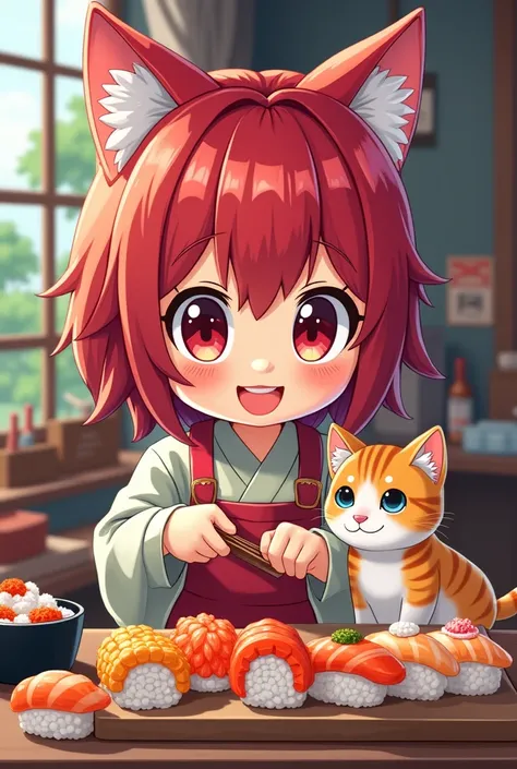 Anime logo girl with red hair makes sushi with cat, SushnJak KĘPNO  