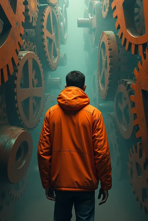   poster of a man in an orange jacket standing in front of a wall with gears and machinery, Mark English poster  ,  Winner of the central zbrush competition ,  Hyperrealism , realism | Beeple, Beeple.  Hyperrealism ,  exquisite imaginative poster art ,  Be...