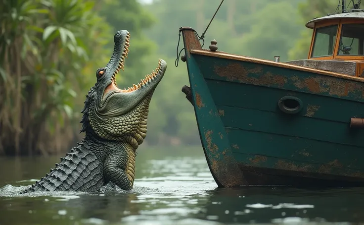 masterpiece,amazing quality,best quality,ultra-detailed,8K,   messy swamp background,  a crocodile jumping straight up from a swamp, just next to a large fishing yacht, yacht wall higher than the crocodile jump, as if climbing the yacht outer wall, crocodi...