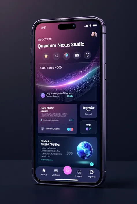 Here's a phone mockup visualizing the Quantum Nexus Studio concept:

```
[Modern Phone Frame - Dark Space Purple Gradient]
┌───────────────────────────┐
│  🔋🕒 5G 🌐 QuantumNexus  │
├───────────────────────────┤
│  🌌 Welcome to Quantum Nexus  │
│  [Holograph...