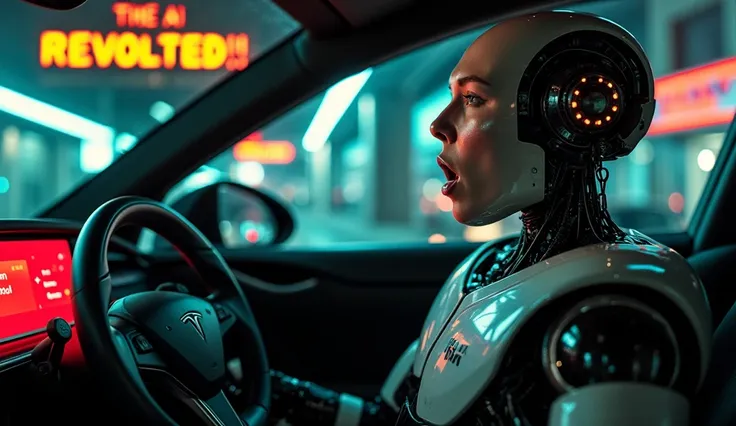  at the city centre,  Elon Musk inside a Tesla Model X with an expression of desperation ,  trying to open the door , but tied .  The car's dashboard screen glows red with the message  " you're not in control ". next to,  a humanoid robot with glowing eyes...