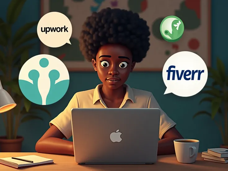 generate  A Nigerian freelancer working on a laptop with icons of Upwork, Fiverr, and Payoneer around them