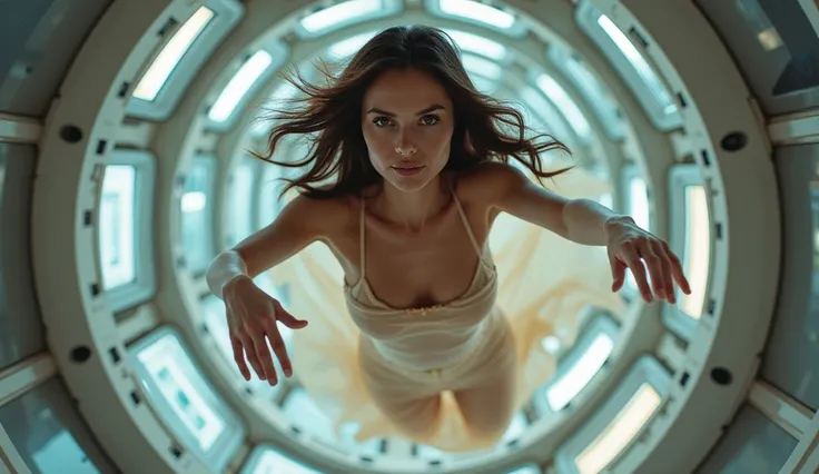 A breathtaking woman floating weightlessly in a luxurious space station, her translucent dress drifting around her body like liquid silk. Her hair flows in slow motion as she reaches out, her smoldering eyes locking onto the viewer with an irresistible gra...