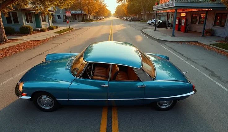 A realistic top-down view of a 1972 Citroën DS21 Pallas parked on a quiet American road. The car is painted in deep metallic blue, showcasing its sleek, aerodynamic shape, gently curved roofline, and smooth flowing contours. The chrome trim along the windo...