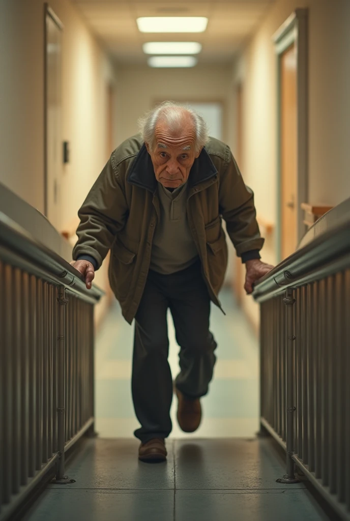 An old man walking down a ramp that has a railing in a nursing home