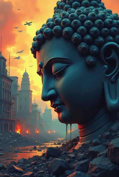 
The head of the Buddha statue with one ear pressed to the ground is shedding tears,  and many bombers can be seen in the air, air raid,The Collapsing City,  focusing on Buddha's face , Smoking scene , explosion,inflammation, escapist々, Very vibrant colors...