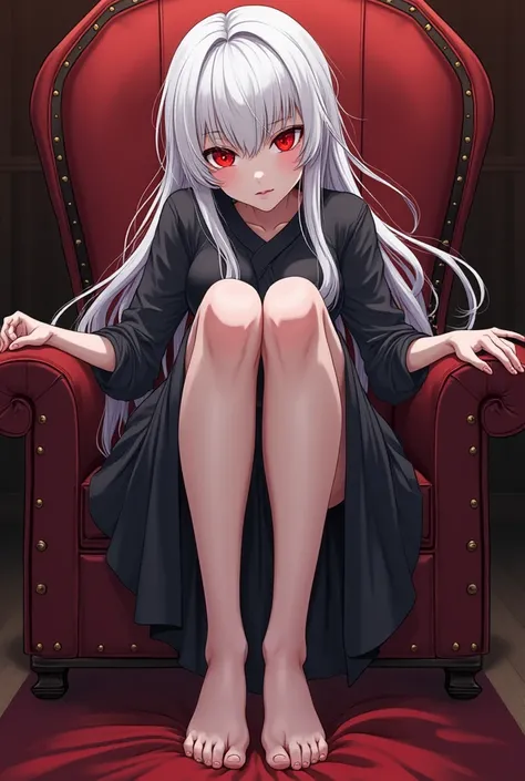 Draw a picture in anime style, inspired by footfetish-inspired aesthetics , drawing of a girl ,  girl-вампир,  flat chest,  with red glowing eyes ,  illustration with glowing red eyes ,  completely red eyes,  dark and dark ,  the girl has a crazy and feroc...