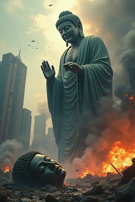 The head of the Buddha statue rolling to the ground is shedding tears,The Buddha statue is broken, Many bombers can be seen in the air, Bomb pouring down,air raid,The Collapsing City, Focus on the Buddha's face, Smoking scene , explosion,inflammation, esca...